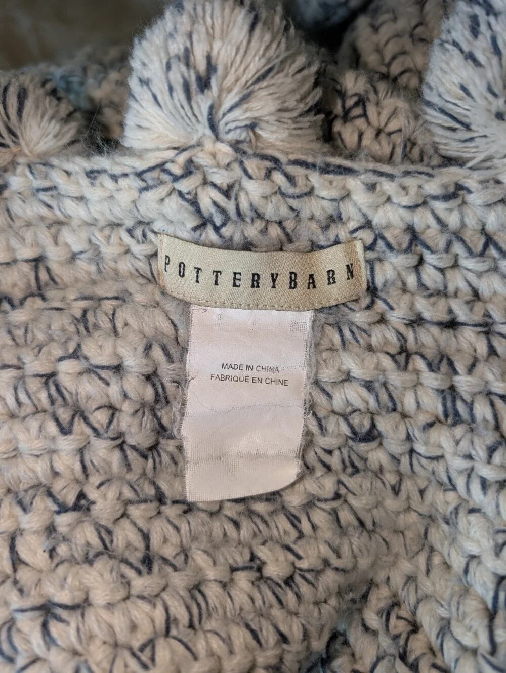 Pottery Barn Blue And White Marled Heavyweight Knit Pom Pom Throw Blanket